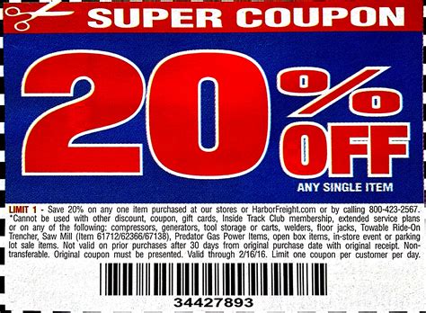 Here are the coupons being offered: Harbor Freight 20 percent off coupon