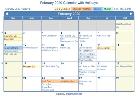 Worldwide February Holidays 2020 Calendar With Festival Dates