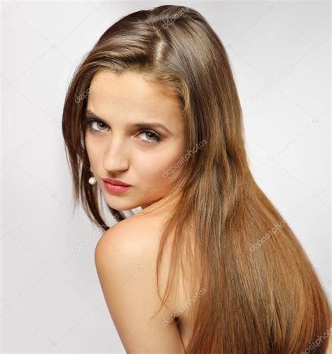 Brown Hair Beautiful Woman With Healthy Long Hair Stock Photo