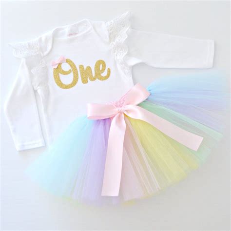 Pastel Rainbow Tutu And Gold Glitter 1st Birthday Outfit Lace Flutter