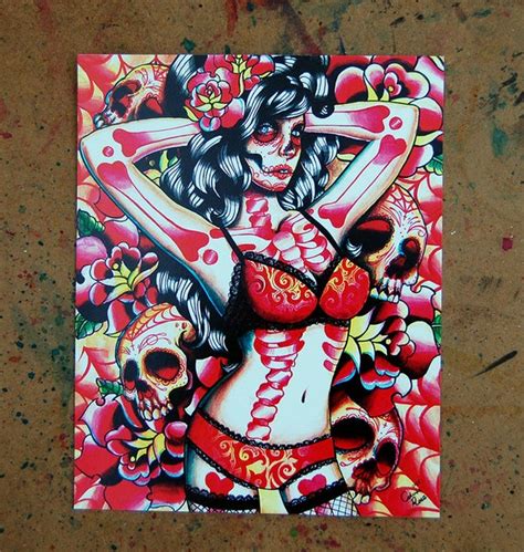 Items Similar To Hand Signed Day Of The Dead And Tattoo Inspired Pin Up Girl Portrait Art Print