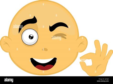 Vector Illustration Of A Yellow Bald Cartoon Character Face Winking