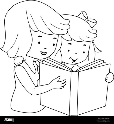 Mother And Daughter Reading A Book Vector Black And White Coloring