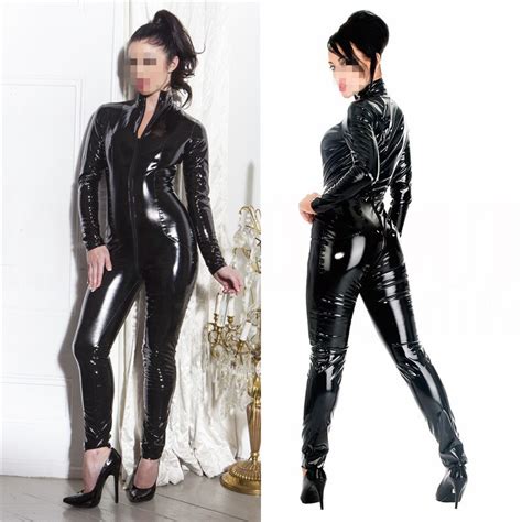 buy 2017 sexy black catwomen jumpsuit spandex latex pvc catsuit costumes for