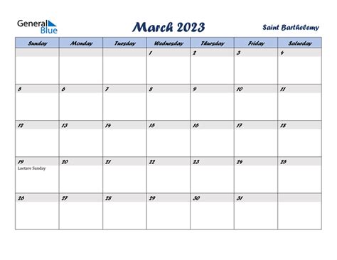 Saint Barthelemy March 2023 Calendar With Holidays
