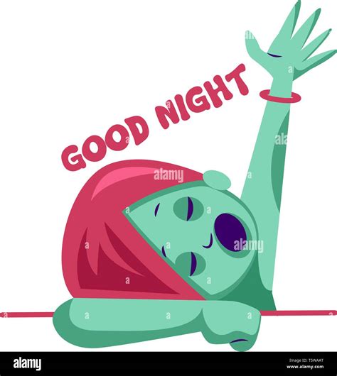 Girl With Blue Skin And Pink Hair Raising Hand And Saying Good Night Vector Sticker Illustration