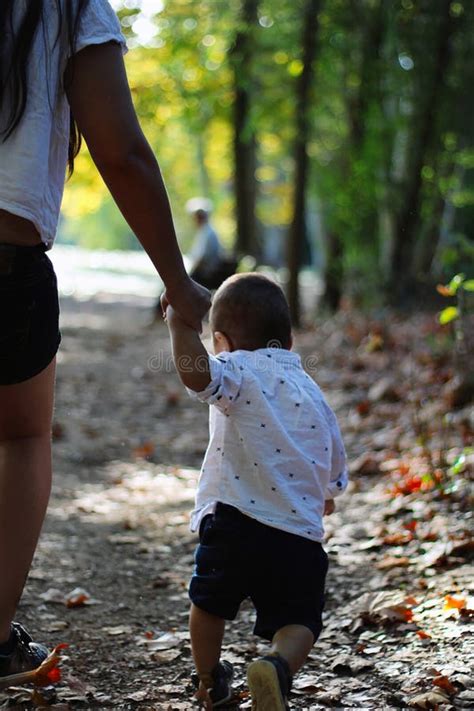 Mother And Son Holding Hands And Walking Through The Woods Stock Image