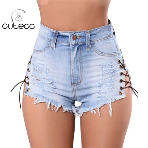2018 Summer Fashion Women Sexy Lace Up Denim Shorts Hollow Out Bandage