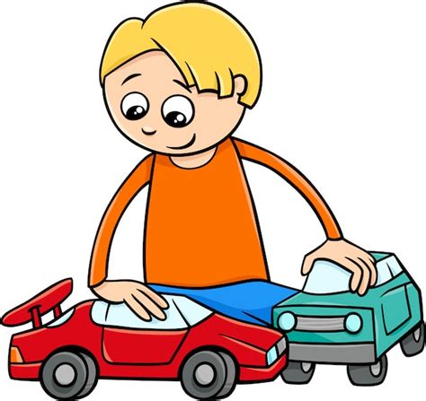 Niño Con Dibujos Animados De Autos De Juguete Vector Premium
