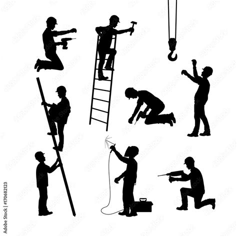 A Construction Worker At Work Silhouettes In Different Poses With And