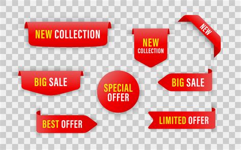 Collection Of Red Ribbons Tags Badges And Labels Isolated On White