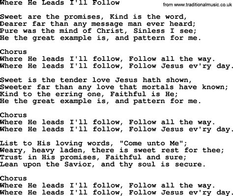 Baptist Hymnal Christian Song Where He Leads Ill Follow Lyrics With