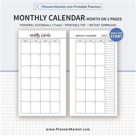Monthly Calendar Monthly Planner Month On 2 Pages Planner Design