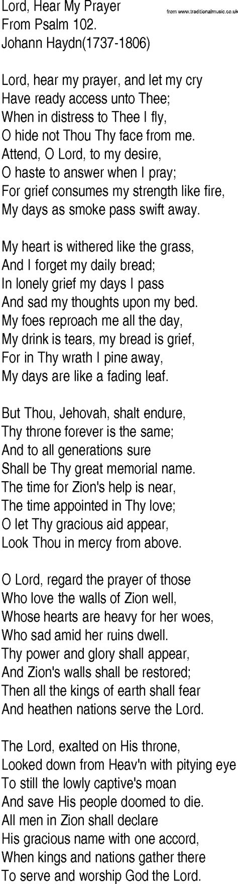 Hymn And Gospel Song Lyrics For Lord Hear My Prayer By From Psalm