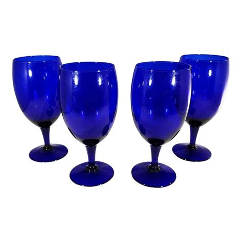 20th Century Contemporary Cobalt Blue Goblet Stemware 4 Pieces Cobalt Glass Turquoise Glass