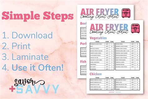 Download and print, by clicking this link: Printable Air Fryer Cooking Times and Temp Cheat Sheet - Savor + Savvy