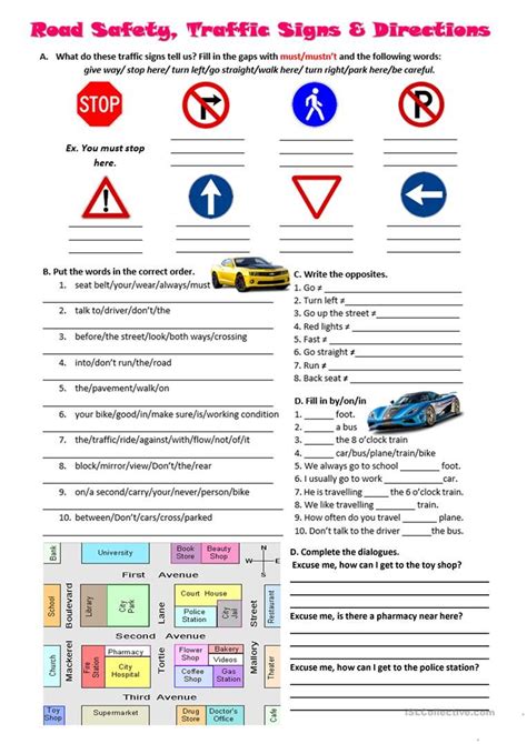 road safety traffic signs and directions worksheet free esl