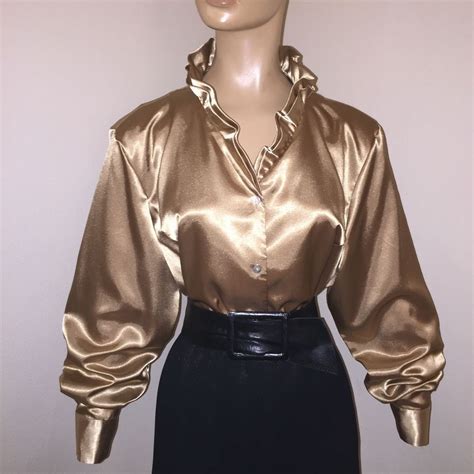 xl 18 gold stretch liquid satin shiny ruffle blouse fitted secretary vtg bust 46 ebay