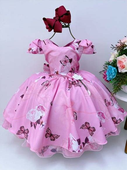 Vestido Infantil Rosa Jardim Das Borboletas Luxo Elo