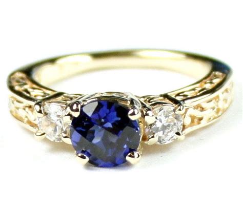 Created Blue Sapphire W 2 Accents 10ky Gold Ring R254 Etsy Blue