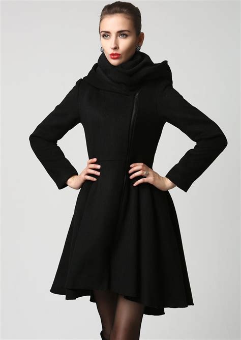 Asymmetrical Hooded Wool Coat Black Full Skirt Coat Winter Etsy