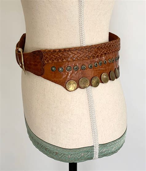 Wide Studded Coin Belt Vintage 70s Distressed Brown Leather Brass Studs