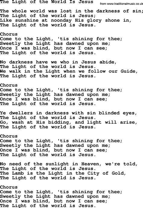 Baptist Hymnal Christian Song The Light Of The World Is Jesus Lyrics