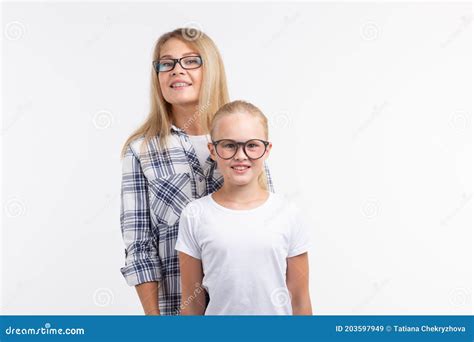 Portrait Of Mother And Daughter With Eyeglasses On White Background Stock Image Image Of
