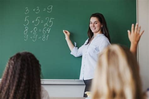 Female Teacher Standing Against Chalkboard Female Teacher Teacher