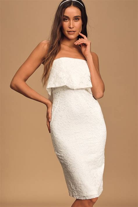 Cute White Midi Dress Lace Midi Dress Strapless Bodycon Dress Lulus