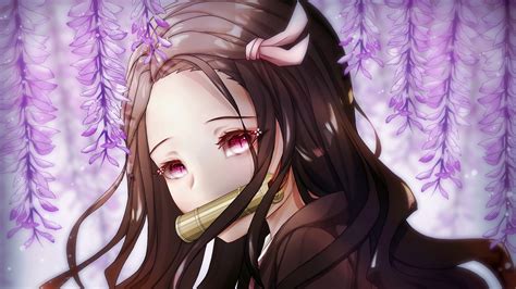 demon slayer long hair nezuko kamado with backgorund of purple flowers 4k 5k hd anime wallpapers