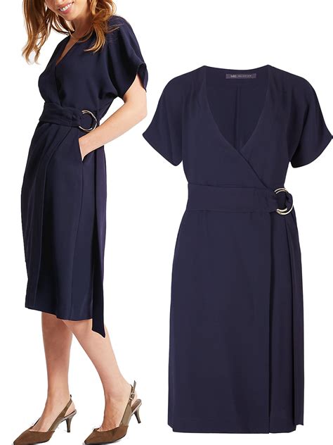 Marks And Spencer Mand5 Navy Petite Ring Woven Wrap Midi Dress Size