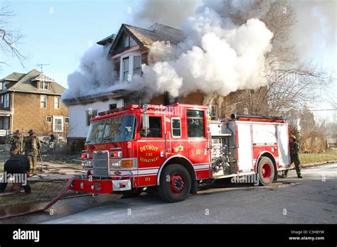 Detroit Fire Department At Scene Of House Fire Detroit Michigan Usa
