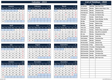 Calendar 2022 Monday Start With Us Holidays Msofficegeek
