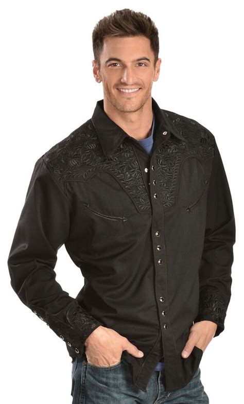 Scully Mens Black Floral Embroidered Retro Long Sleeve Western Shirt