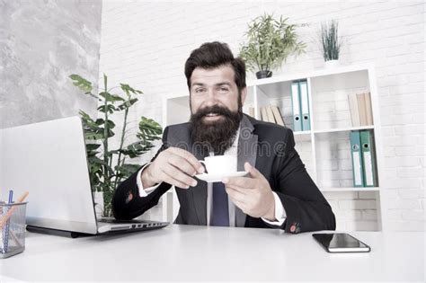 Discuss Business Over Coffee Man Handsome Boss Sit In Office Drinking