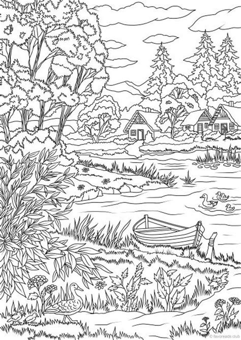 Lake View Printable Adult Coloring Page From Favoreads Etsy In 2020