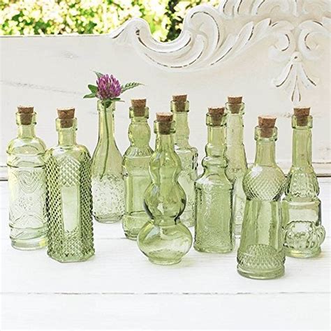 Vintage Glass Bottles With Corks Bud Vases Assorted Shapes 5 Inch Tall Mini Vases Set Of 10