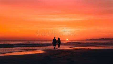 Two People In Love Walking On Beach Generated By Ai Stock Illustration