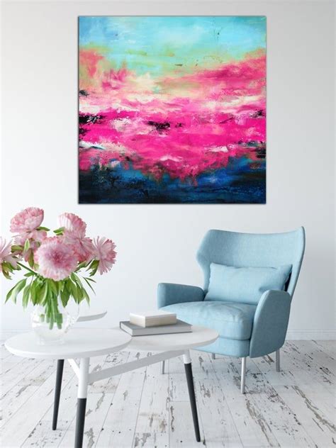 Large Square Pink Fuschia Abstract Print Pink Blue White Etsy