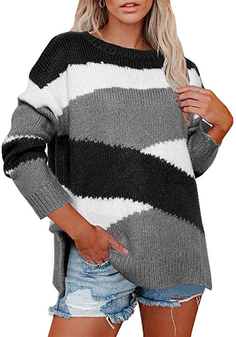 ybenlow womens colorblock oversized crewneck sweaters striped long sleeve slit chunky loose