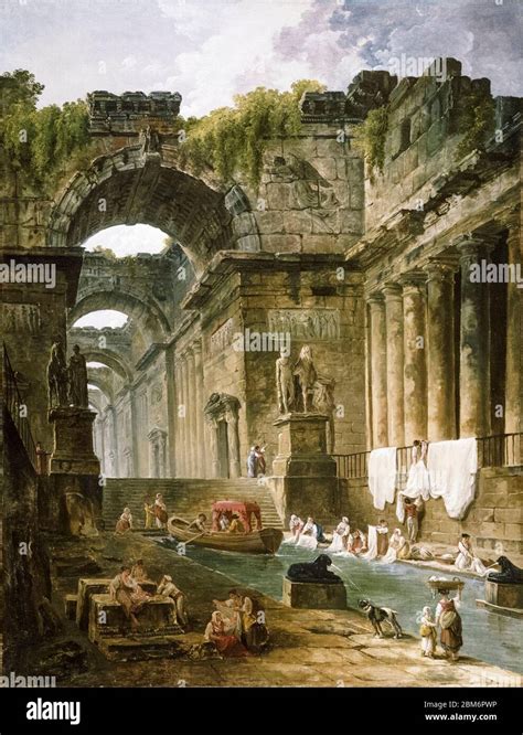 Ruins Of A Roman Bath With Washerwomen Painting By Hubert Robert