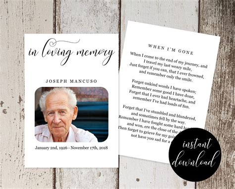 Funeral Prayer Card Template Printable Memorial Service Memoriam