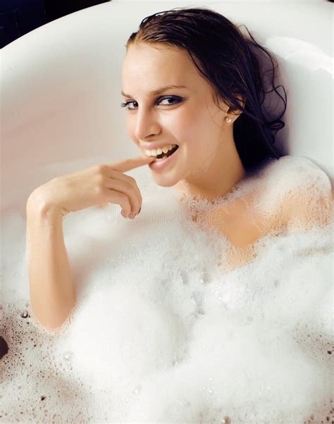 Young Cute Sweet Brunette Woman Taking Bath Happy Smiling People