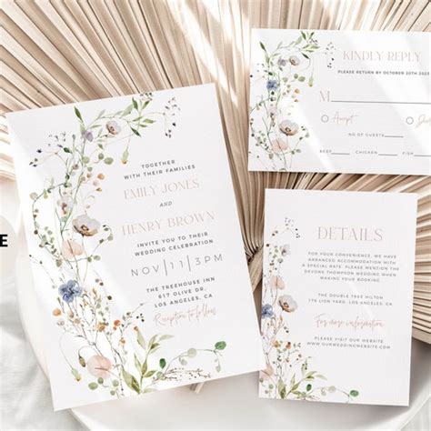 Wildflowers Wedding Invitation Printable Boho Floral Invite Etsy