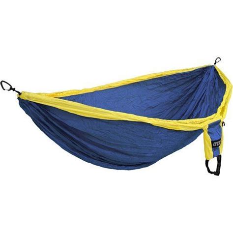 A Blue And Yellow Hammock Hanging From The Side With Straps On Its Sides