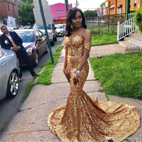 Sparkly African Black Girls Gold Mermaid Prom Dresses Long 2019 Off The