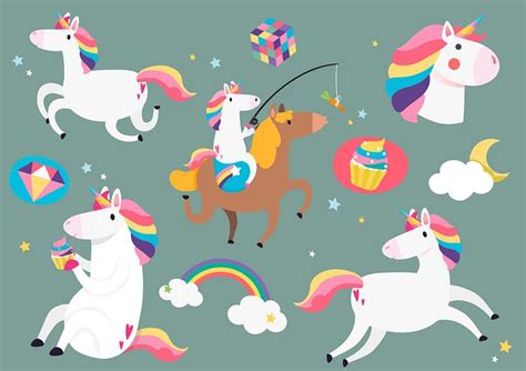 Cute Unicorns With Magic Element Stickers Vector Free Vector 515525