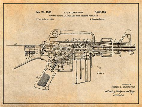 1966 Ar15 Assault Rifle Patent Print M 16 Antique Paper Drawing By