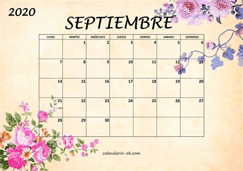 Plantilla Septiembre 2020 Bonito Con Flores Calendario De Amor